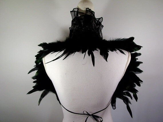 Feather Stole in black rooster feathers Steampunk Gogo