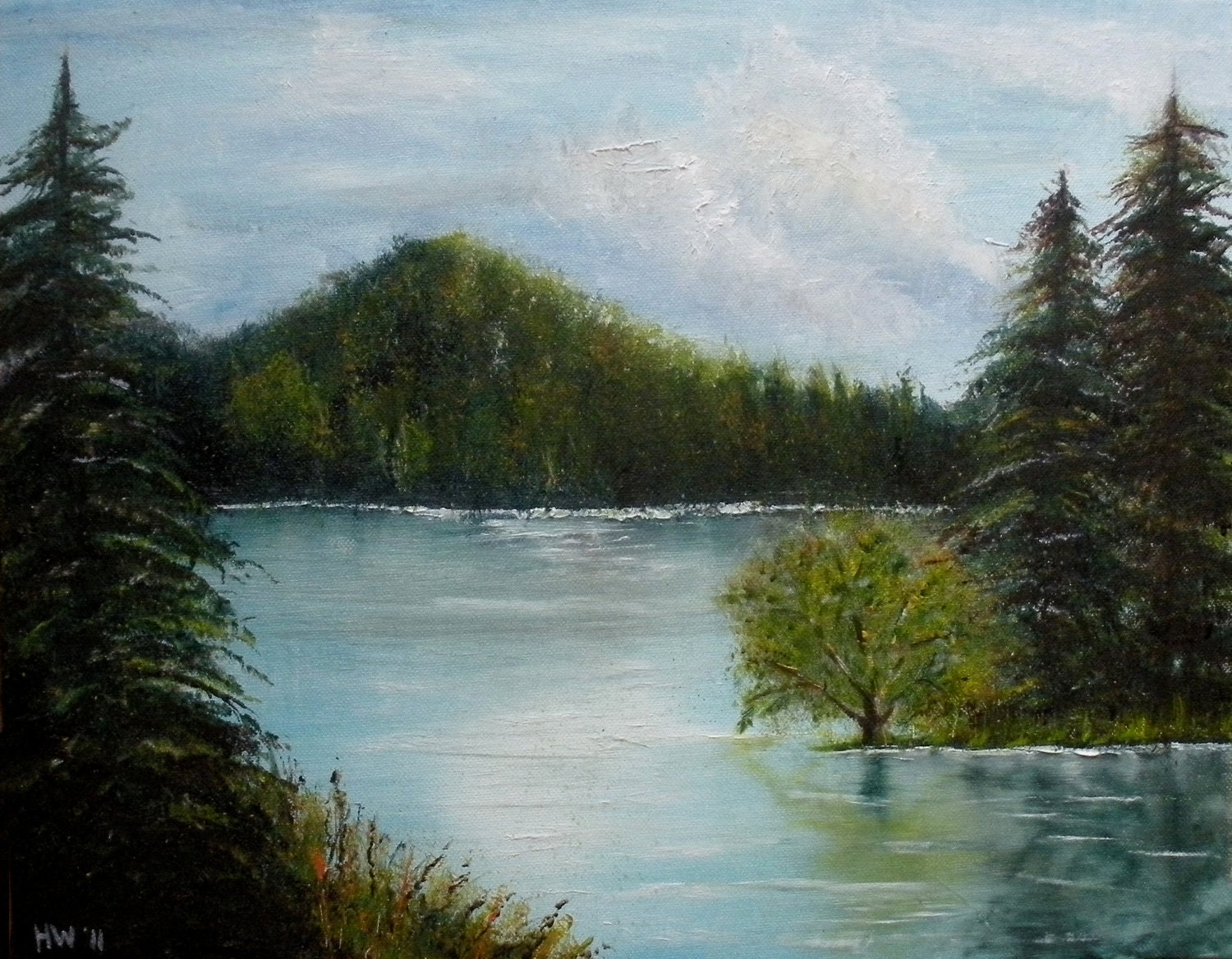 Lake oil painting adirondack mountains by SouthPawPaintings