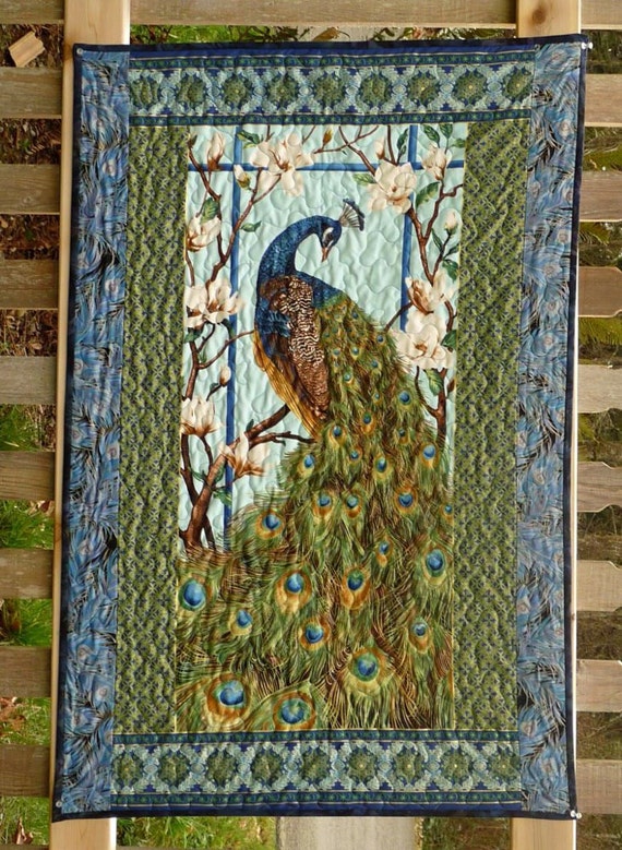 Items similar to Peacock Quilt, Wall Hanging Art, Blue Green Peacock