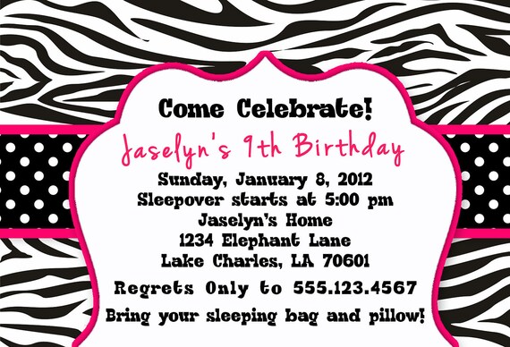 Birthday Party Custom Invitation - Zebra Print with Polka Dots Il_570xn