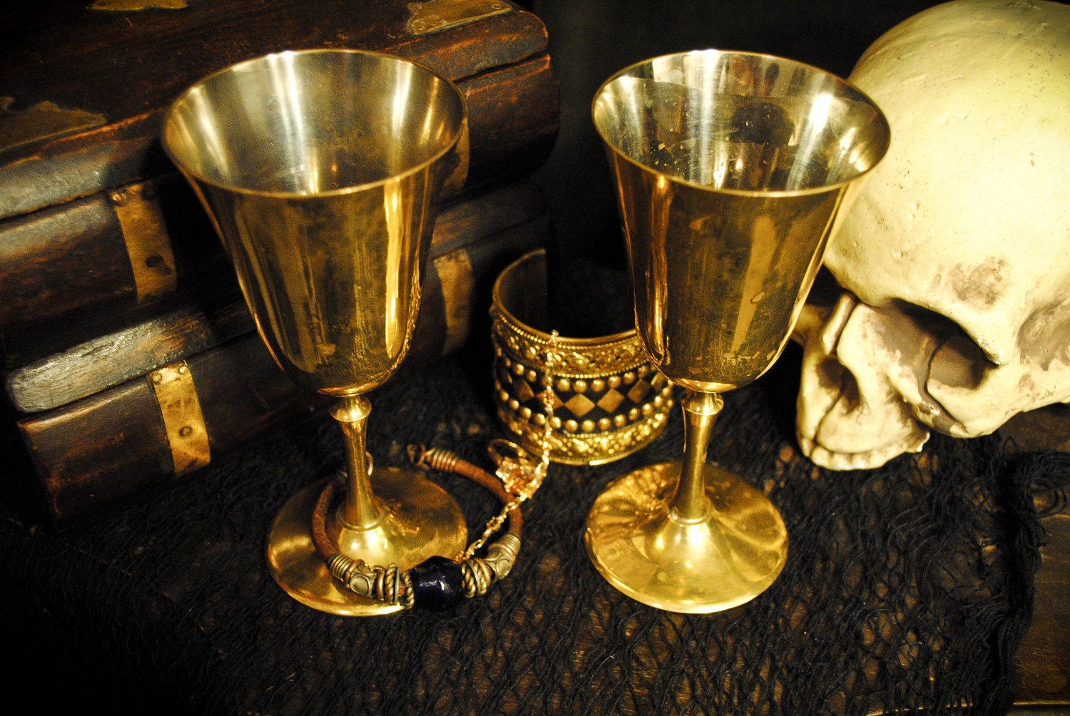 Vintage Brass Goblet Chalice Pair Antique Pirate Treasure