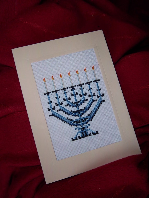 Items similar to Jewish card cross stitch seven branch Menorah in