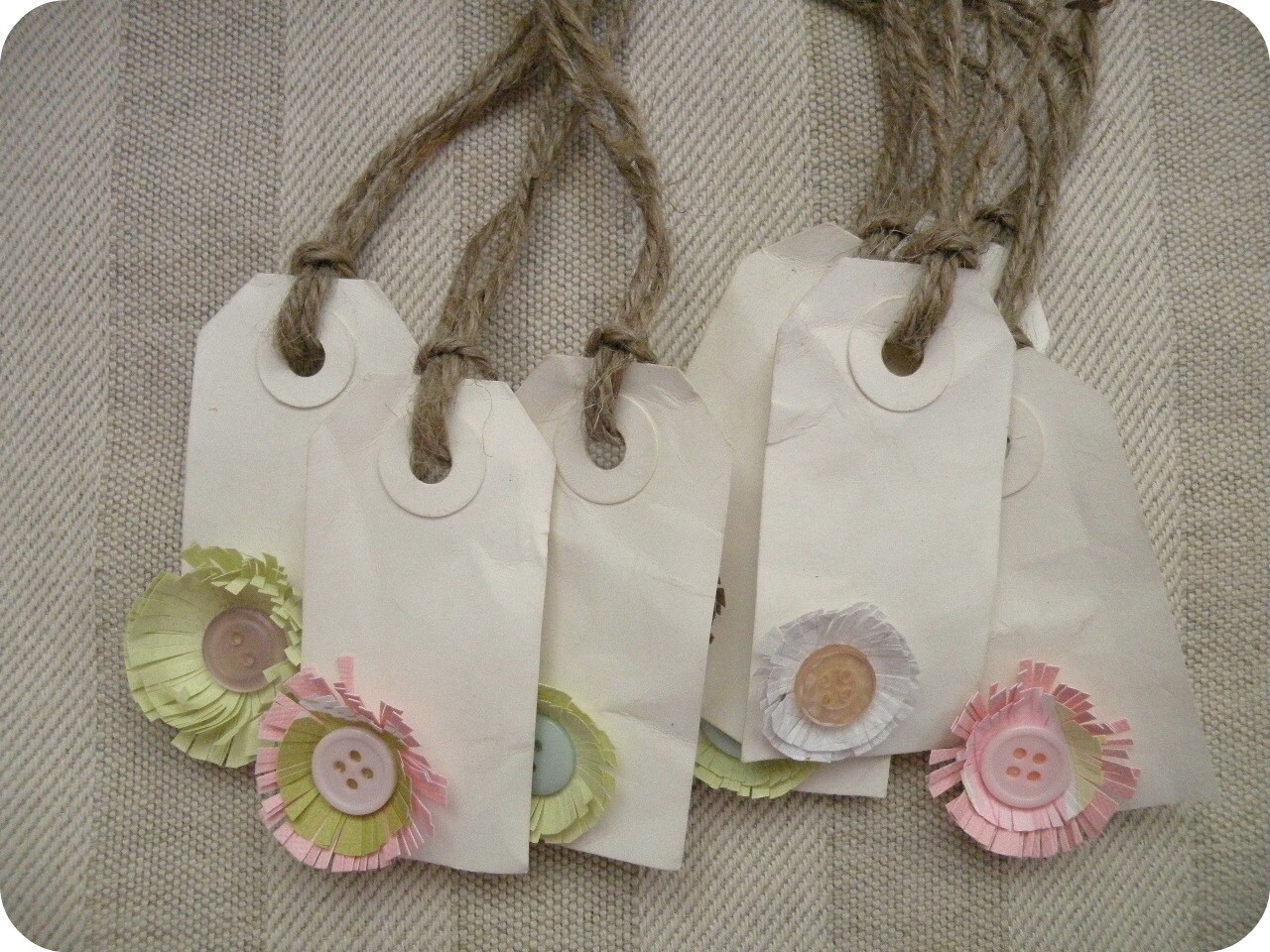 Paper flower and vintage button tags with twine by KGDandD on Etsy