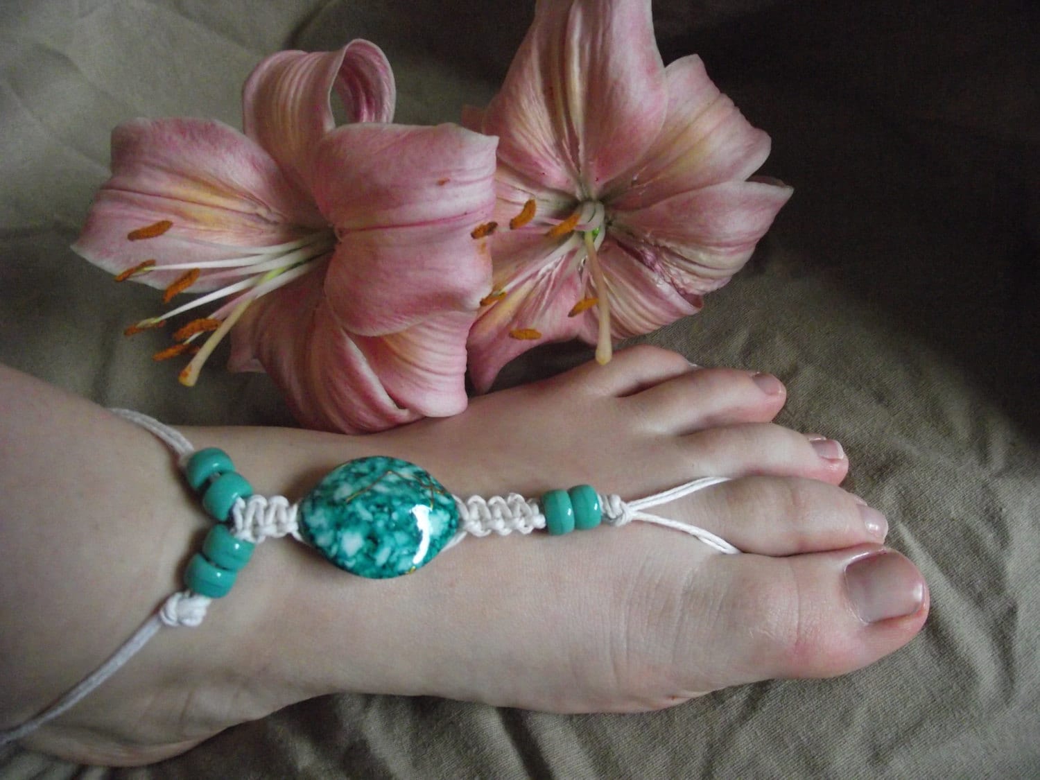 Barefoot Beaded Sandals Turquoise Beads On White Hemp