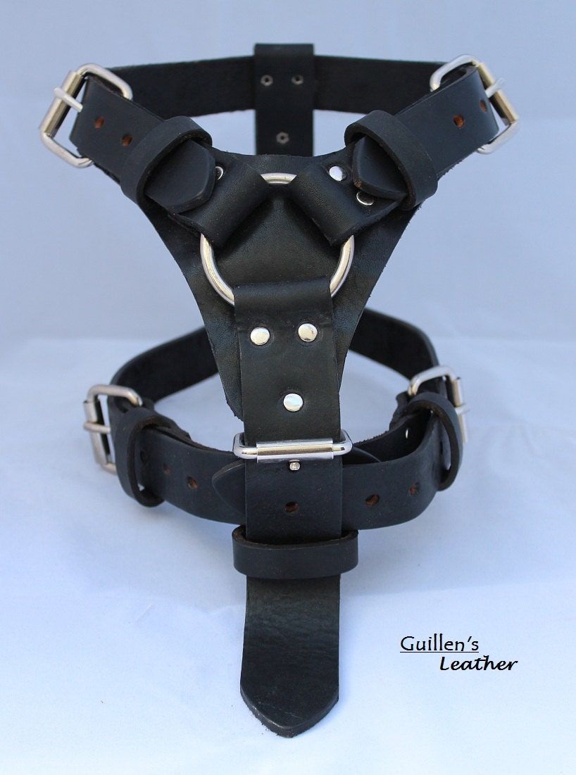 Black Large Leather Dog Harness with a Ring