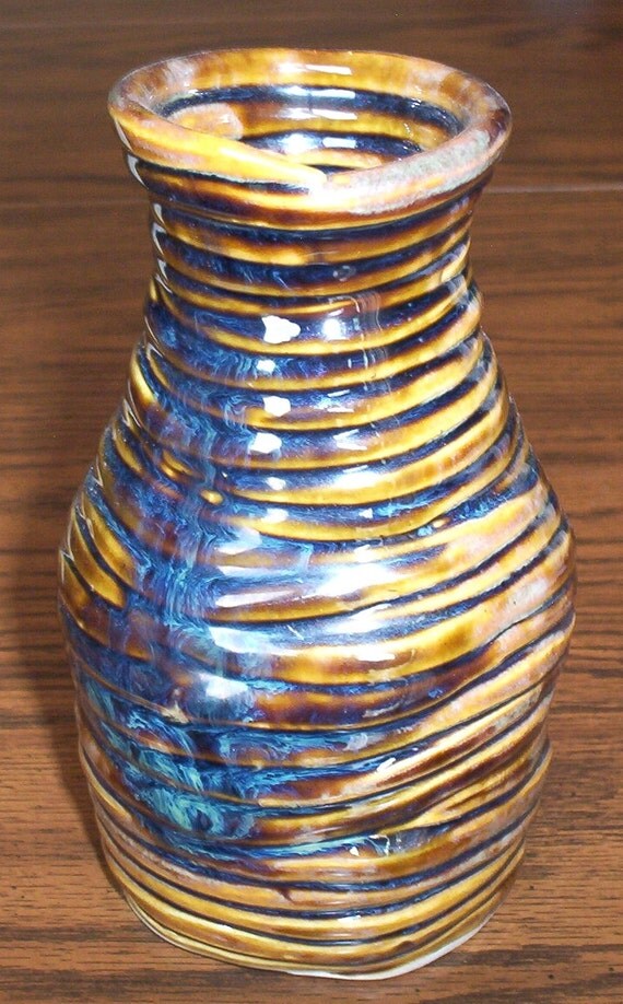 Items similar to Hand Built Coiled Ceramic VaseBrown/Navy Blue on Etsy