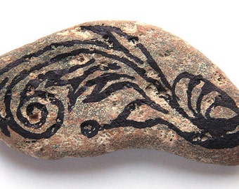 Meditation Stone Spa Inspiration Abstract Painted Life Creation in Black Ink. Midsize Rock. Nature Inspired. Healing Energy gift basket