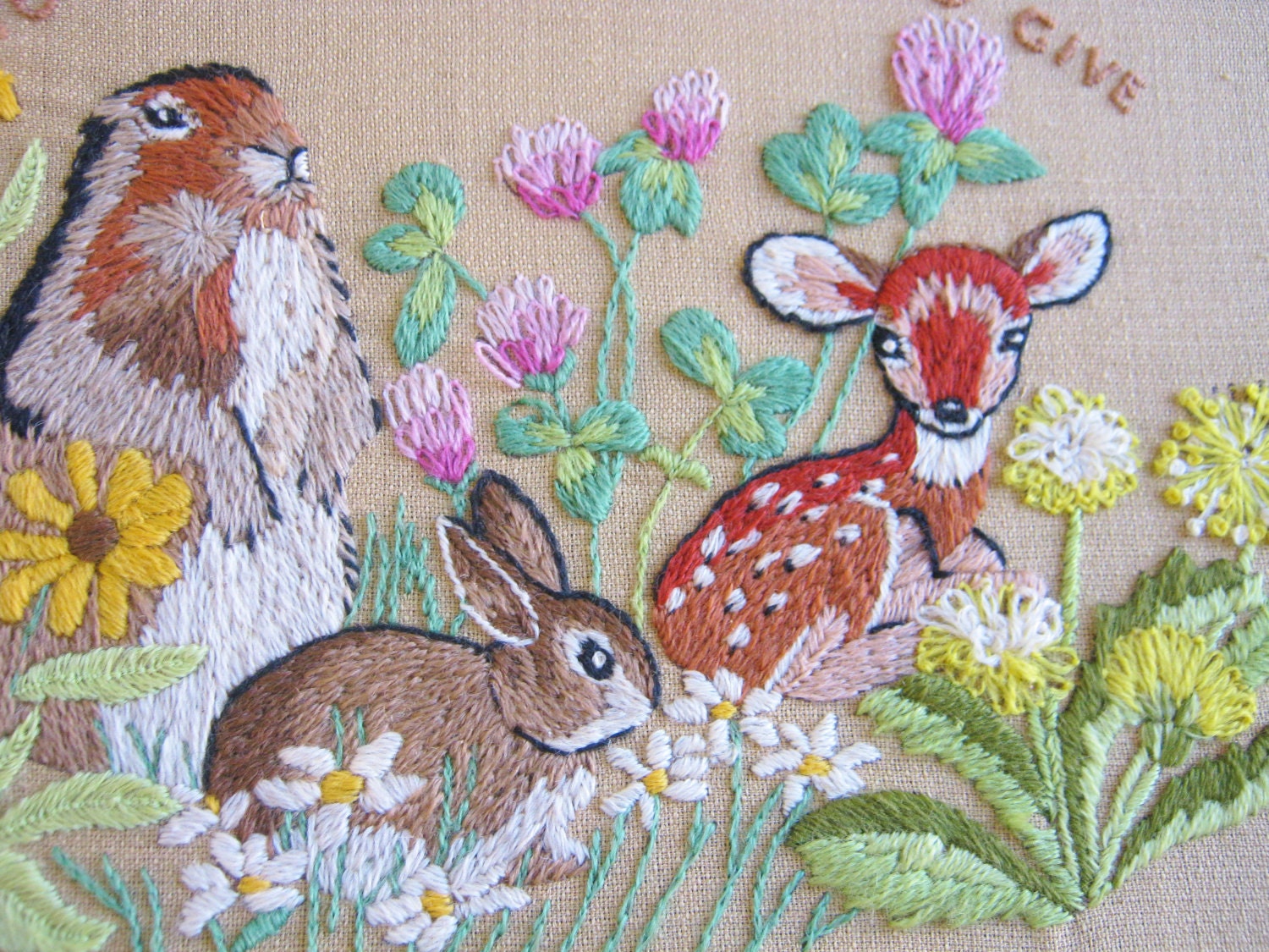 Vintage Crewel Embroidery Woodland Scene Deer Bunny Flowers