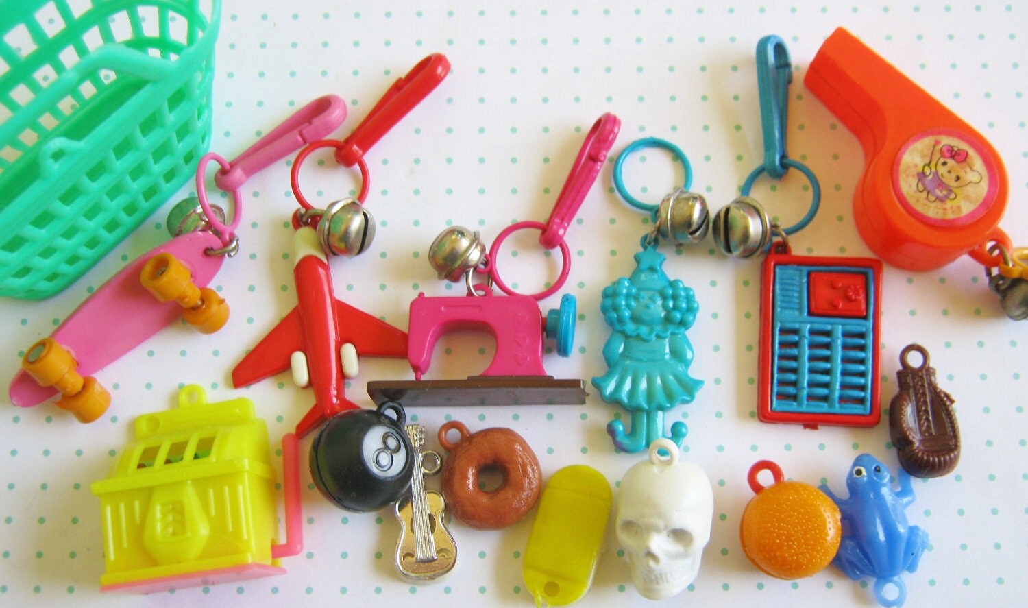 Vintage 80s Plastic Charms in a Mini Basket Plastic Gumball