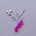 OOAK Tree branch pendant with leaves and silver orchid. Wire wrapped Pink Chalcedony tear drops, unique, elegant, hot pink necklace