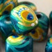 Peacock Beads - Hand Painted Wood - Animal Print Green and Gold - Barrel Shape 2 beads