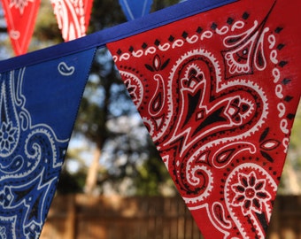 Blue & Red Bandana Banner Bunting, Western, Cowboy, Horse, Barn, Birthday party decoration, photo prop