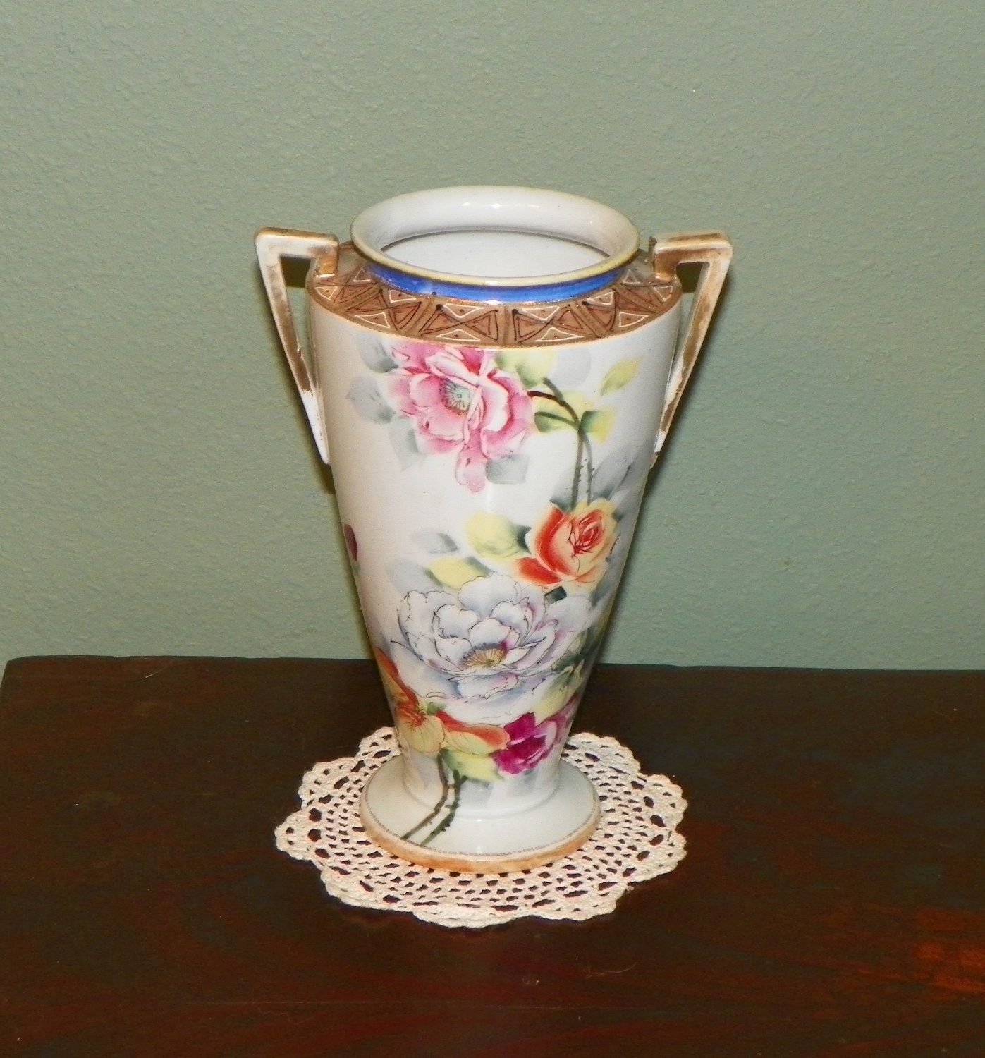 Antique Imperial Nippon VASE Handles Hand Painted Roses Floral
