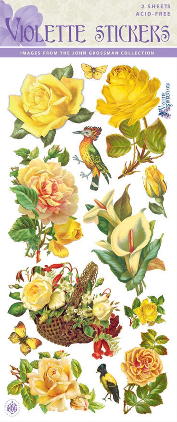 Beautiful Vintage Yellow Roses Stickers for Crafting-2 sheets