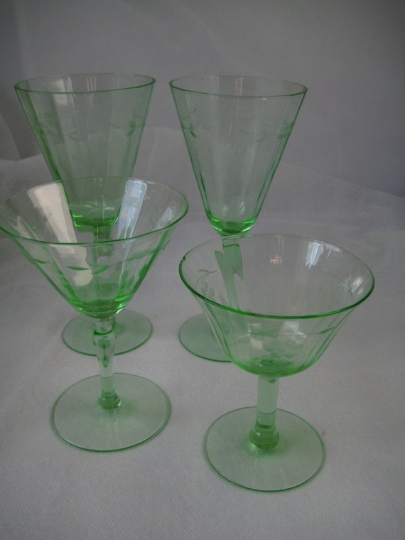 SALE...Set of Four Green Uranium Vaseline Glass Vintage Green