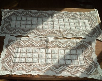2 Antique Hand Made Lace Crochet Table Runners, A Matching Set in different lengths, Same Pattern in Good Condition with wonderful patina