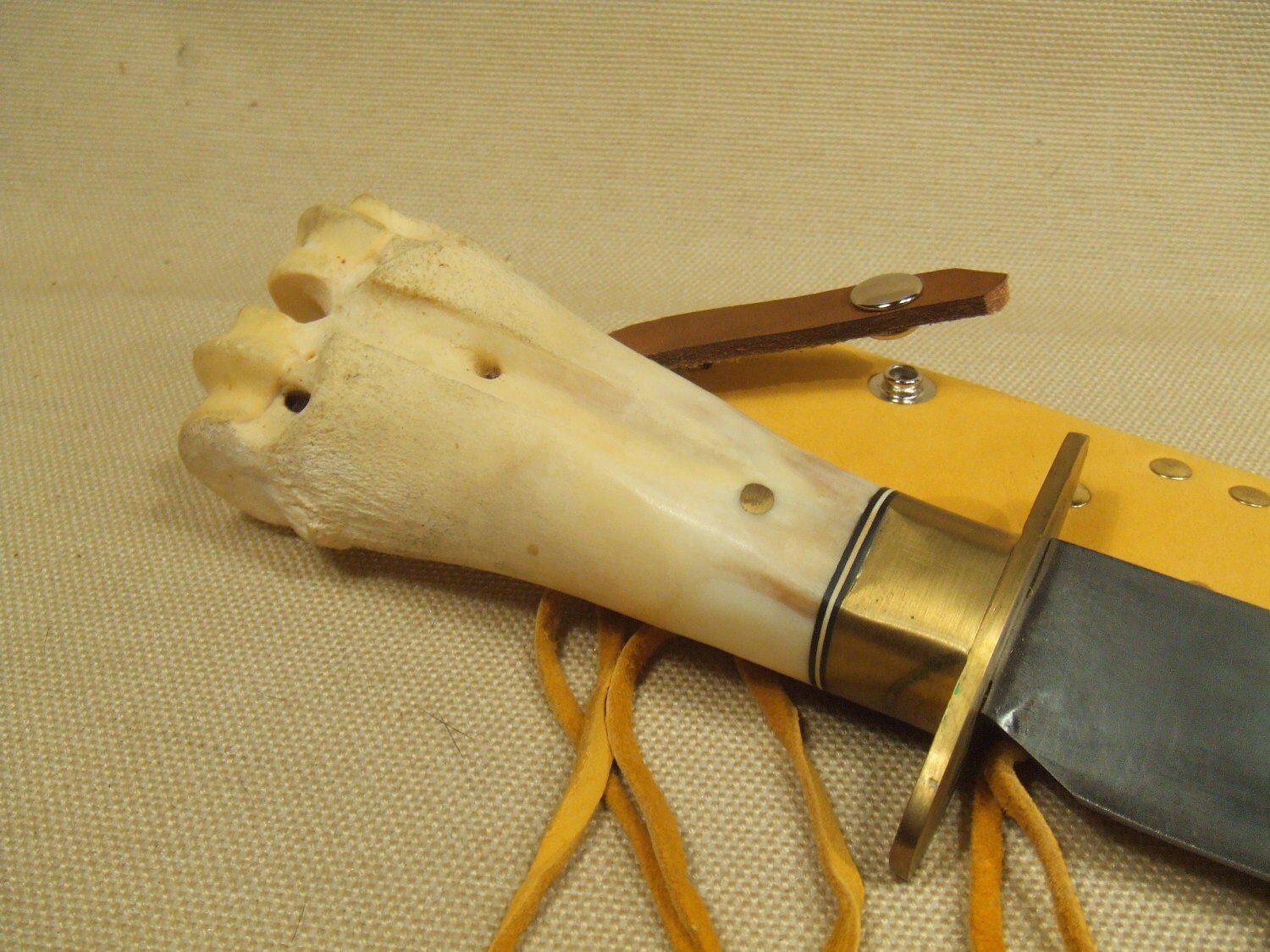 Buffalo bone knife large bone handle knife with buckskin