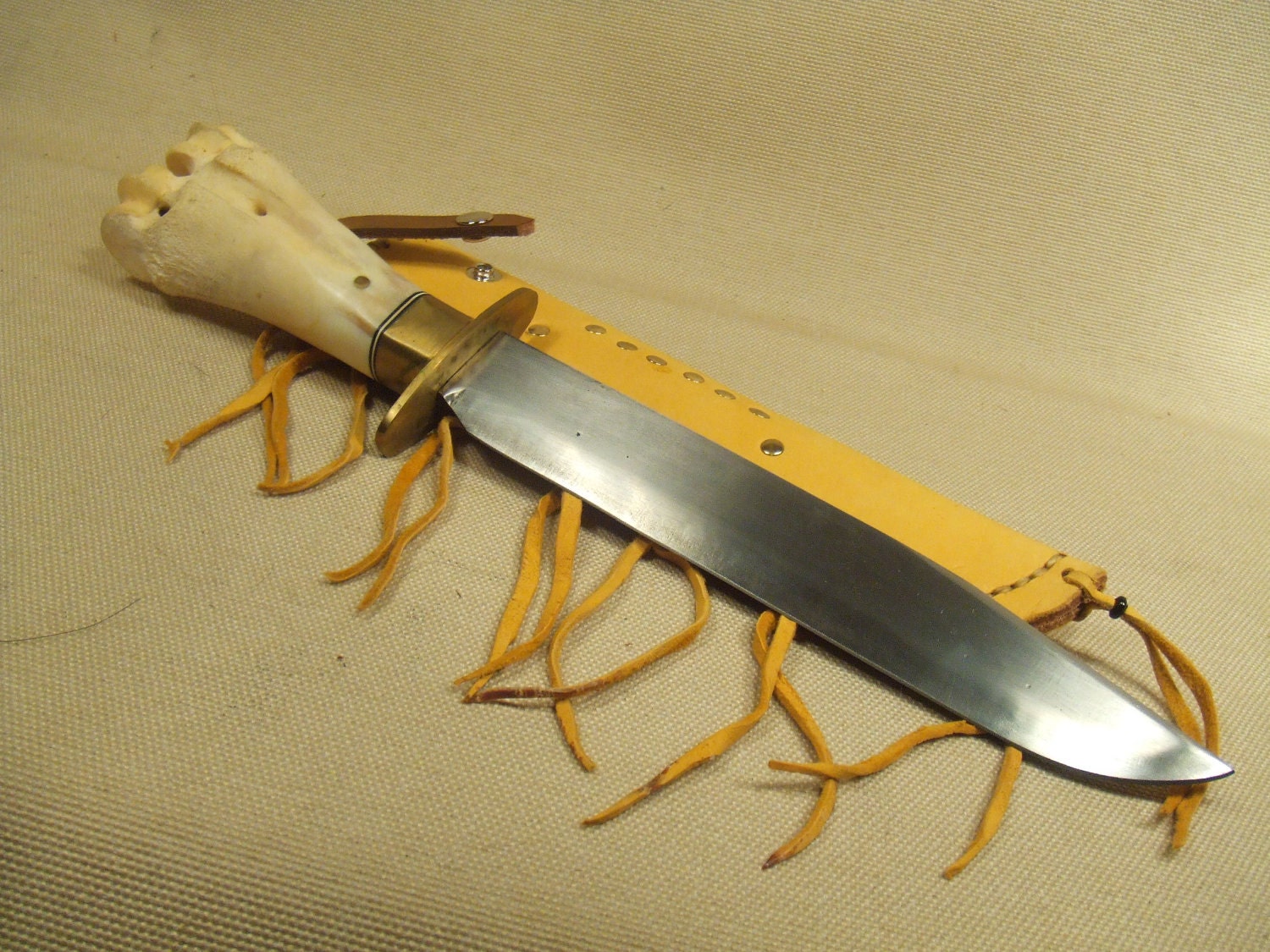 Buffalo bone knife large bone handle knife with buckskin