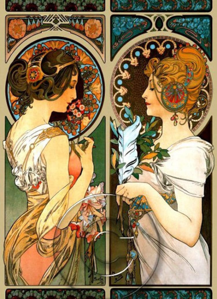 Alphonse Mucha Art Nouveau Two Ladies Colorful by BreatheDecor