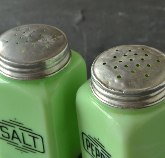 McKee Jadite Jadeite Salt and Pepper Shakers Set with Block
