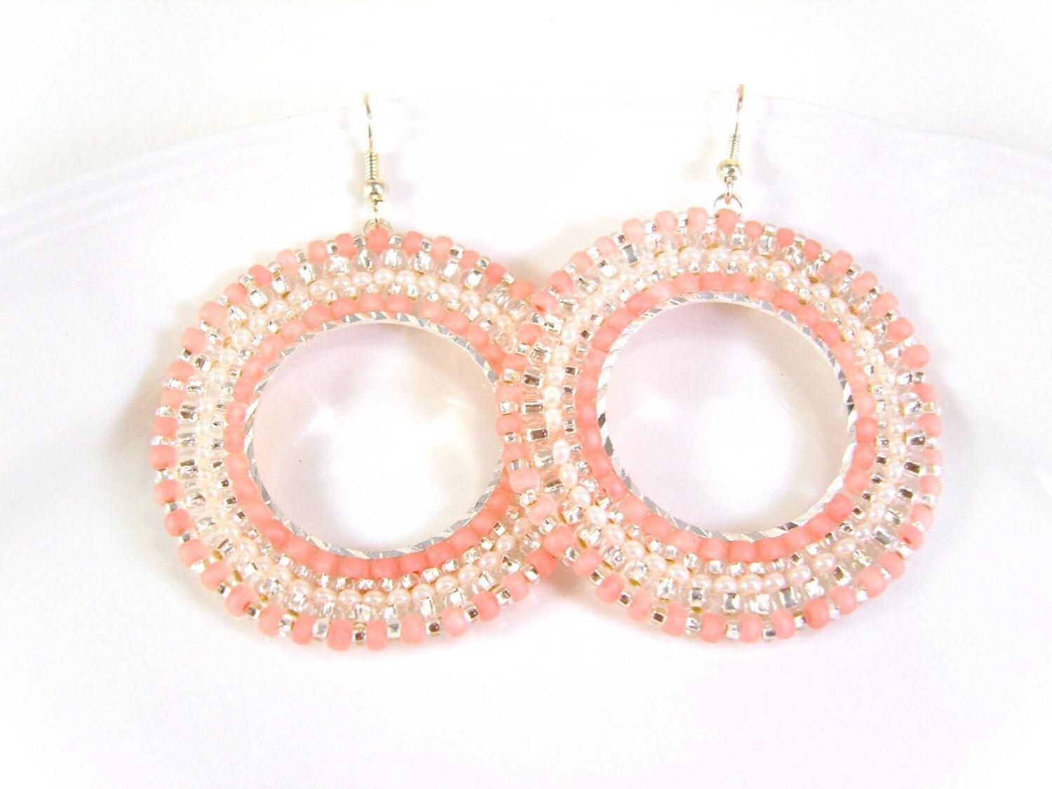 Beaded Hoop Earrings Large Hoops Pink Earrings by JewelleryByJora