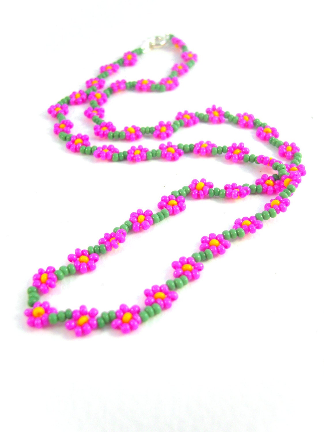 Seed Bead Flower Necklace Hot Pink Beaded by JewelleryByJora