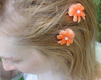 Coral Flower Bobby Pins from Vintage Earrings, One Pair, Orange Bobbies, Wedding Hair Pins, Boho Bobbie Pins, Flower Bobby Pins