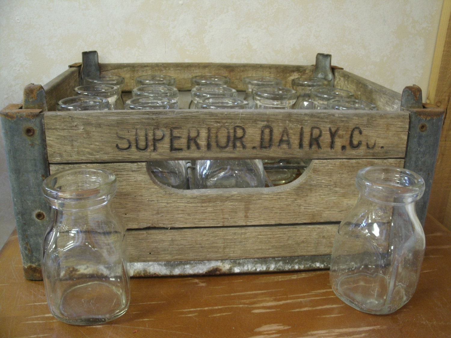 Milk crate with 20 half pint milk bottles Superior Dairy Co