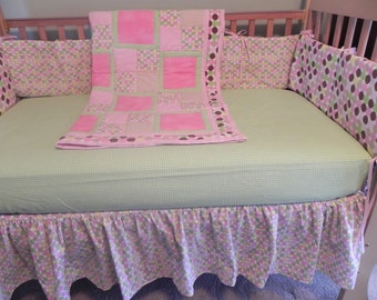 Girls Crib Bedding Set - 6 pieces - Skirt-Crib Sheet-Quilt-Bumper Set-Diaper Stacker-Crib Organizer-READY TO SHIP