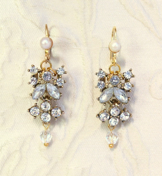 Items similar to Bridal Rhinestone and Pearl Earrings, Antique Gold ...