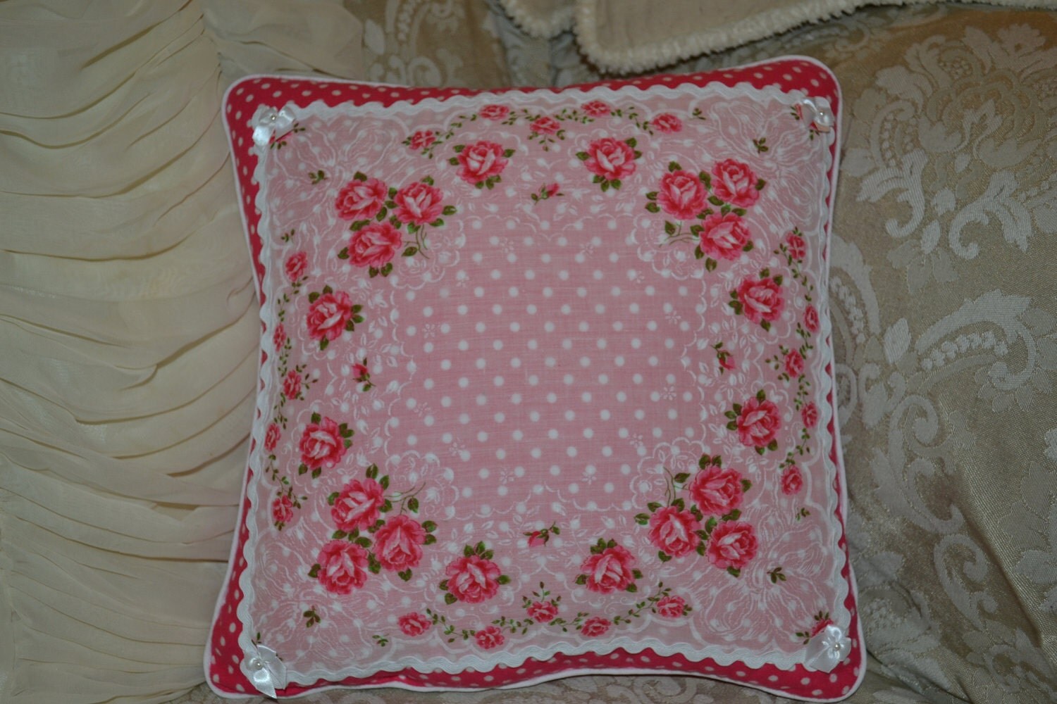 Handmade Pillow Vintage Handkerchief by TrueloveQuiltsForYou