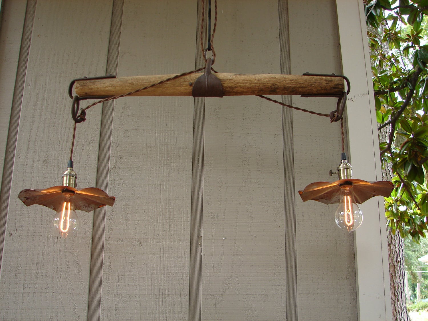 Upcycled Lighting Pendant Wood Yoke Double Pendant Hanging