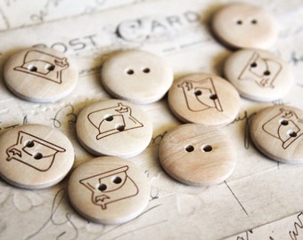 SALE 10 Buttons - Wood Round Buttons - Etched Sewing Machine - 2 Holes - Sewing Buttons - Scrapbooking - 20mm Dia - Ships IMMEDIATELY - W19