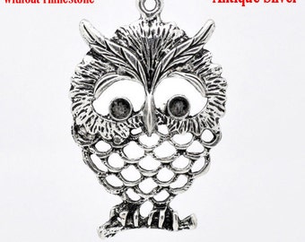 2 Owl Pendants - Antique Silver - LARGE - 60x40mm - Ships IMMEDIATELY from California - SC187