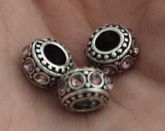 Rhinestone Spacer Beads Pink with Silver 11mm 3pcs - Ships IMMEDIATELY from California - B85