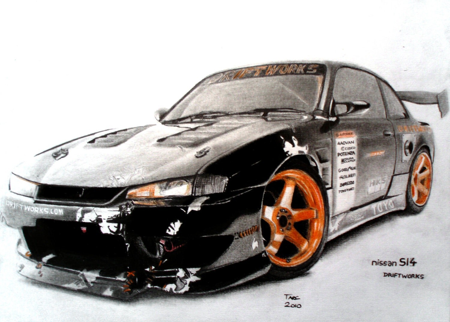 DrawingNissan Silvia S14 Driftworks Graphite & pastel on A4