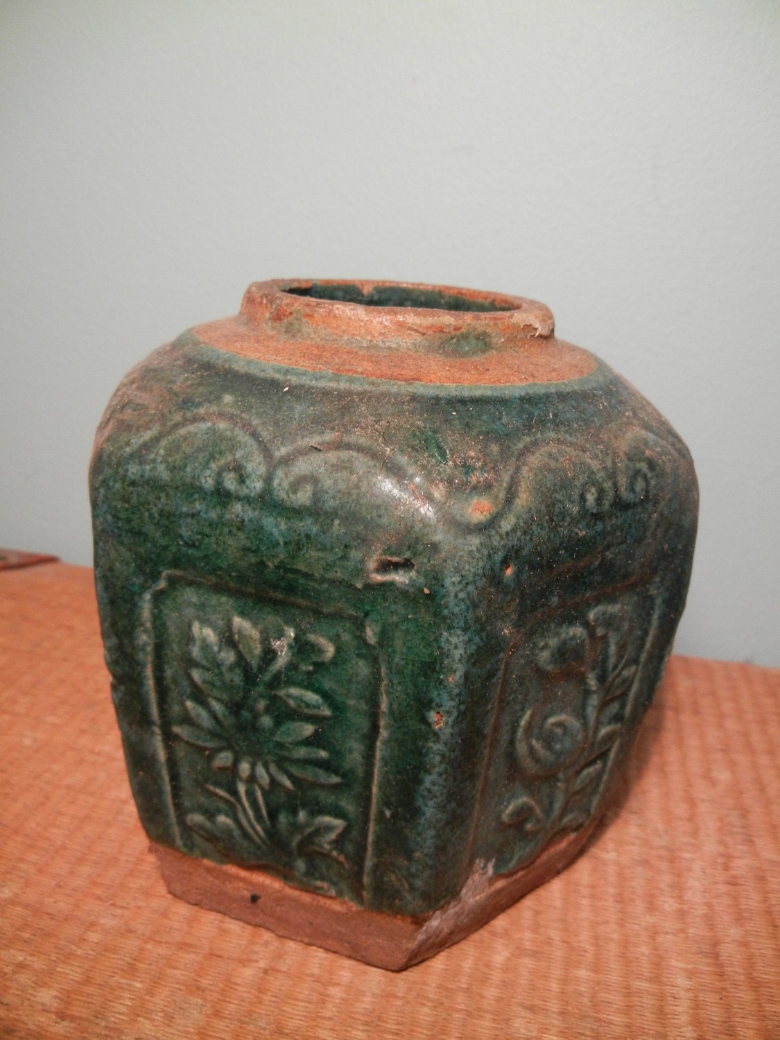 Vintage chinese ginger jar with green glaze