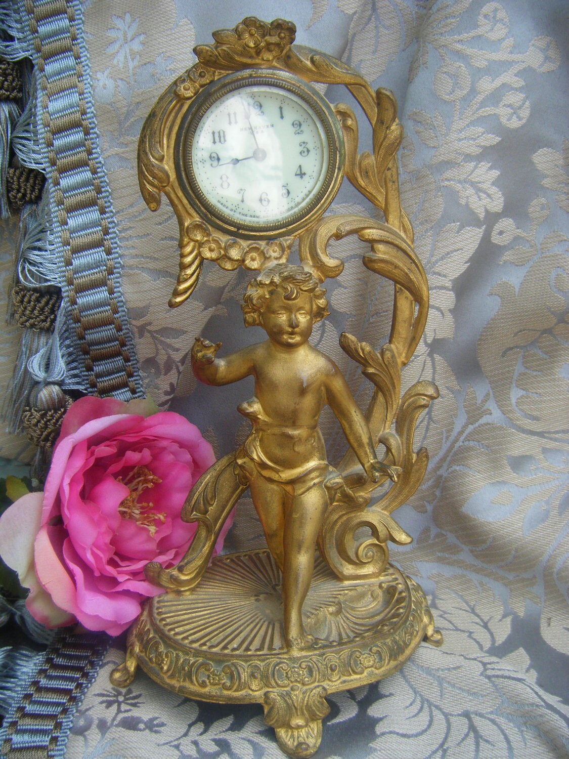 Antique 1910 Gilded Bronze NEW HAVEN Clock with Cherub