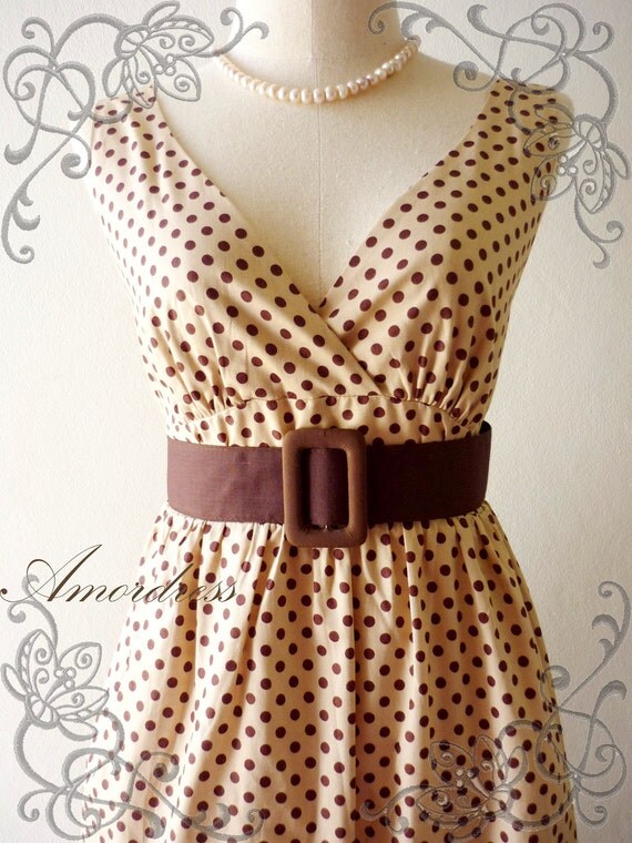 Polka Dot Love - Retro Summer Dress Vintage Inspired Cocktail Cotton Dress in Brown Shade Party or Everyday Dress -S-M-