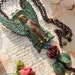 RESERVED FOR ANA Frozen Charlotte Angel with Rose, Rhinestone, Lace and Leaves in Raku & Verdigris Necklace