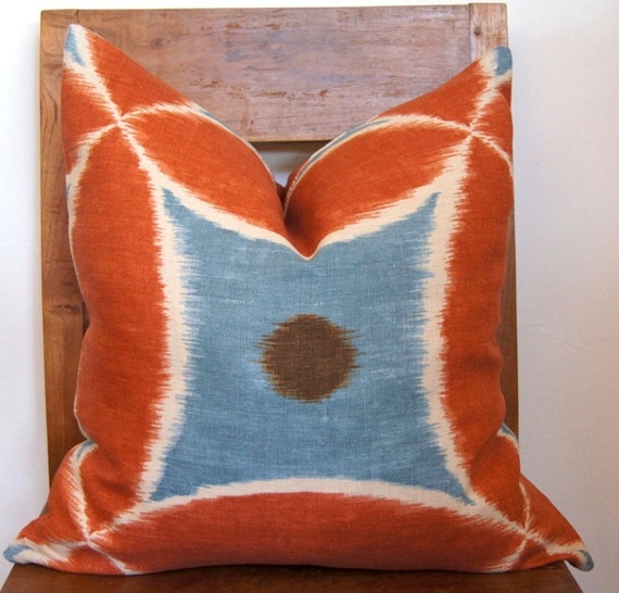Ikat Orange Blue Ada Adobe Designer Pillow by LekaliaInteriors