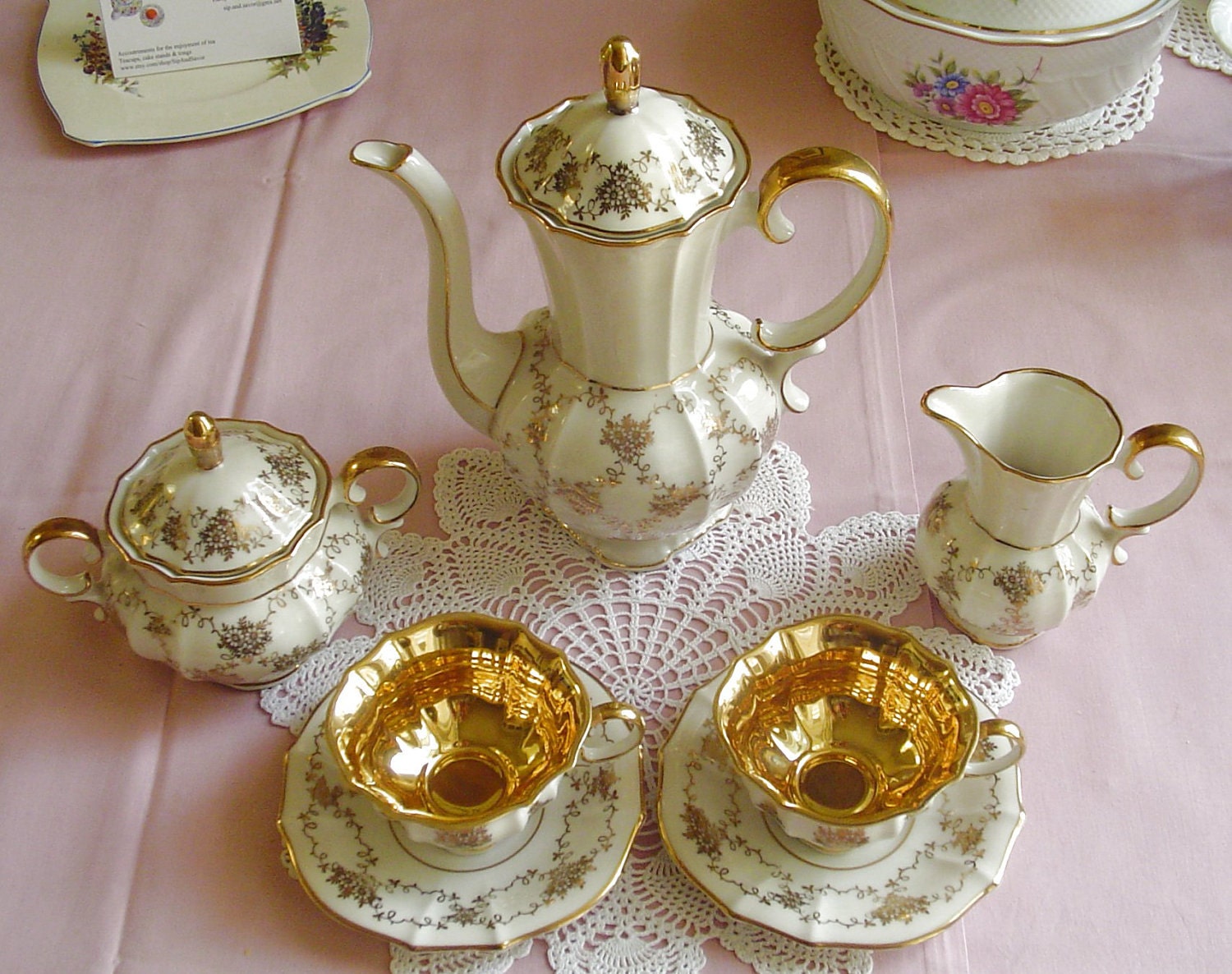 Golden Floral Filigree 1970s  Vintage DEMITASSE TEA SET