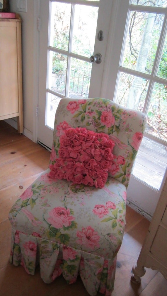 pink and green roses slipper chair victorian shabby chic