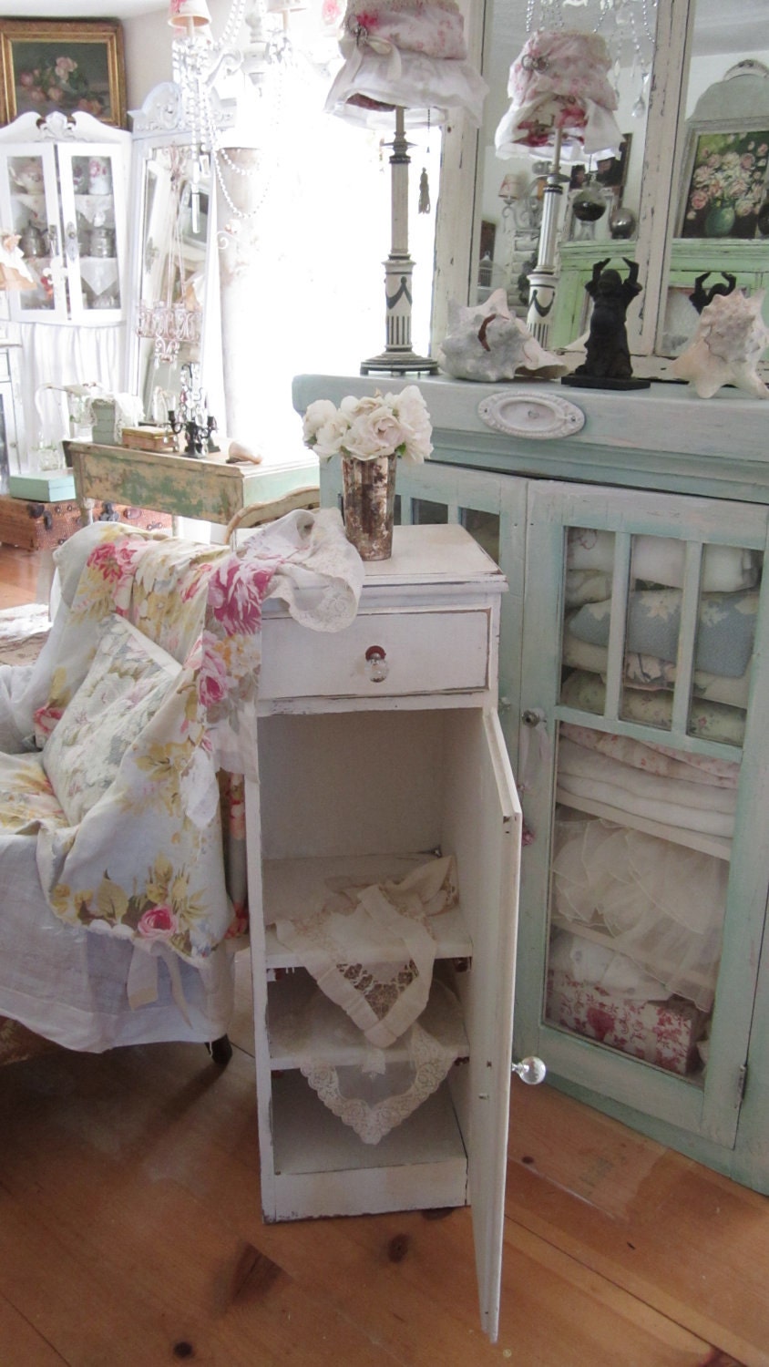 Vintage chippy painted white drawer door shelves