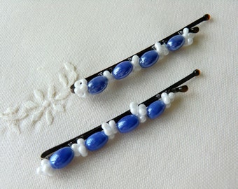 Royal Blue Beaded Bobby Pins Glass Bead Hair Pins Hair Accessories Hair Jewelry Barrette for Girls White Bobby Pins