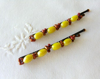 Yellow Bobby Pins Glass Bead Hair Pins Beaded Hair Accessories Hair Jewelry Barrette for Girls Brown Bobby Pins