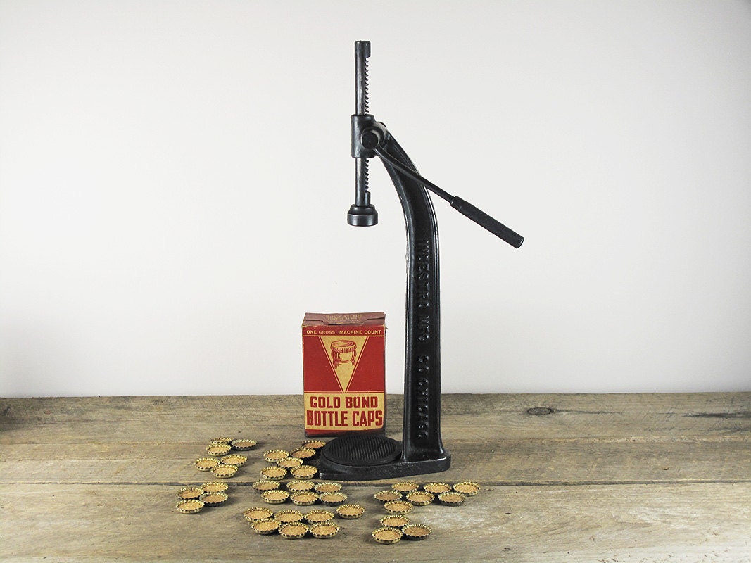 Vintage Bottle Capping Press with Two Boxes of Vintage Caps