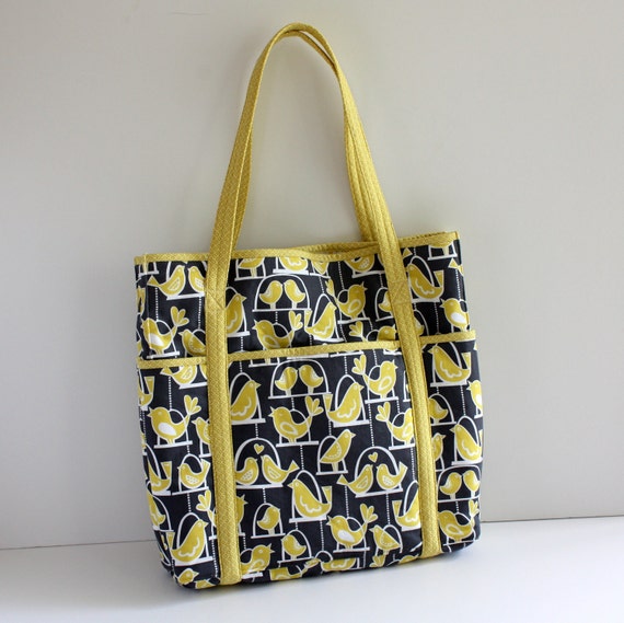 Large Carry All Bag Gray & Yellow Birds Ready to Ship