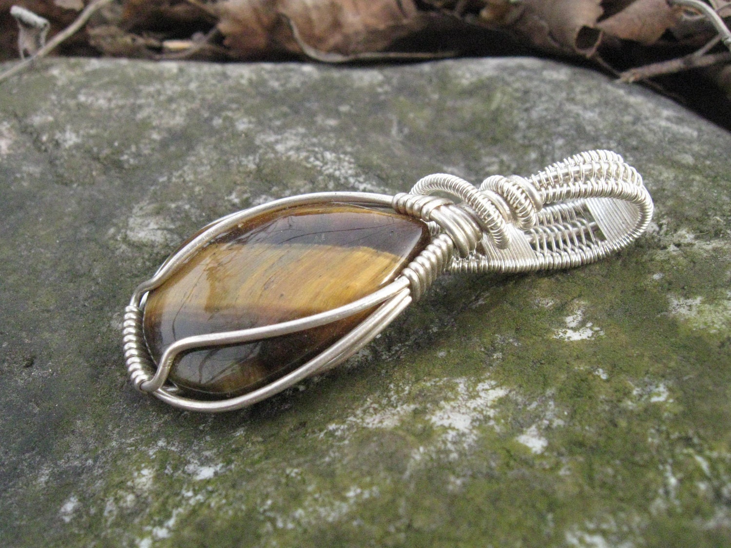 Wire Wrapped Tigers Eye Pendant in Sterling by SweetWaterSilver