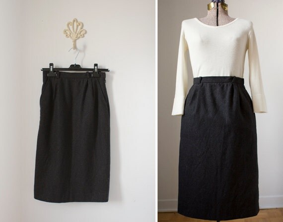 Items similar to Vintage charcoal high waist wool pencil skirt with ...